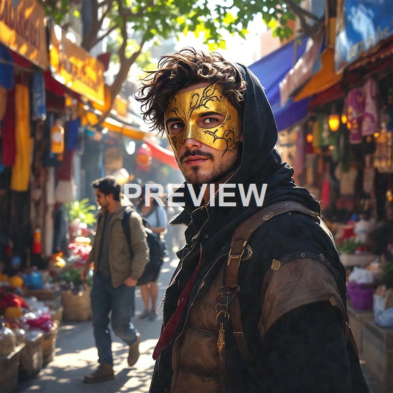 A young man wearing a gold and black mask, dressed in dark clothing with a hood, stands in a busy outdoor market with colorful stalls and other people in the background.
